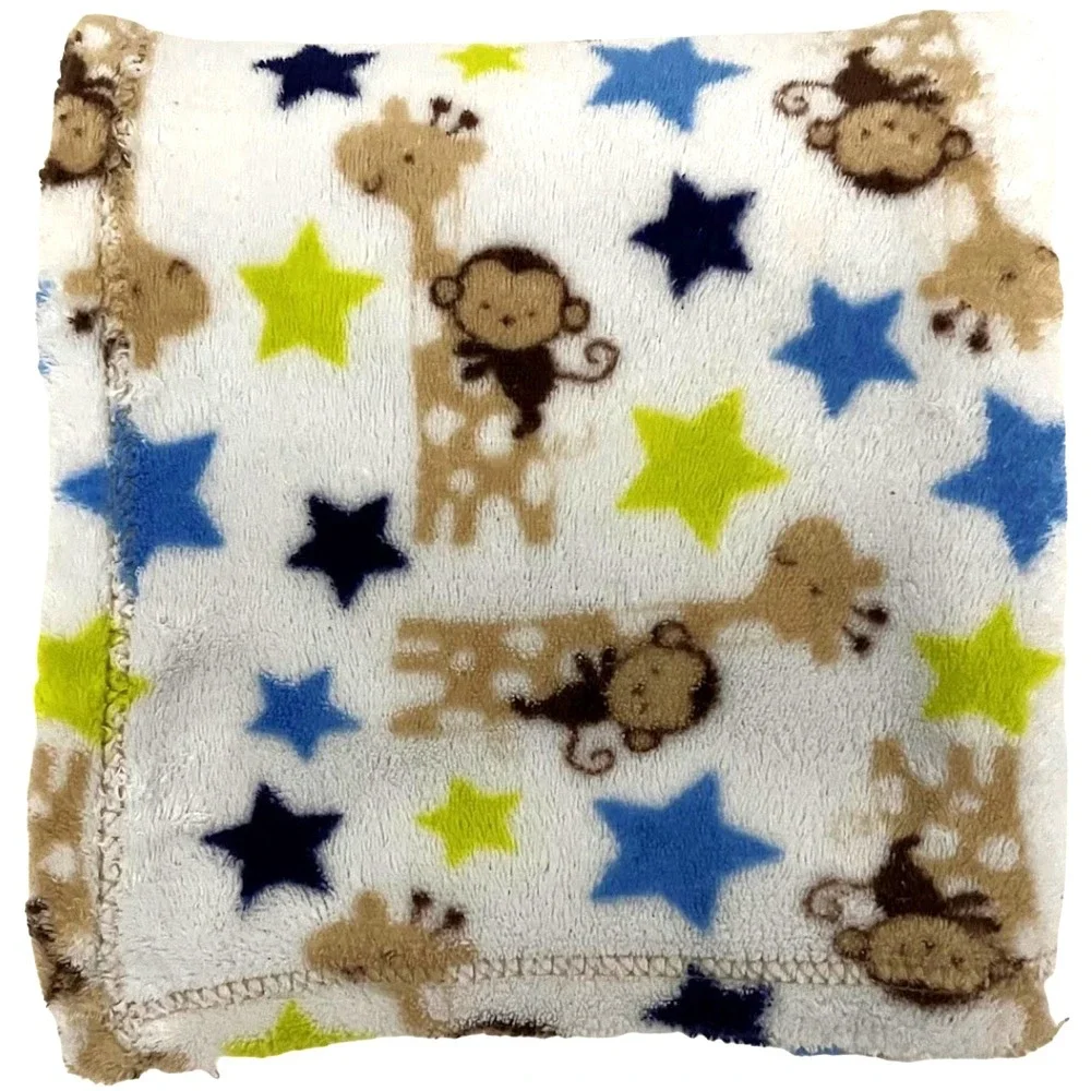 Monkey Giraffe Blue Green Star Baby Blanket White Fleece Cutie Pie?‎ Lovey 32x34